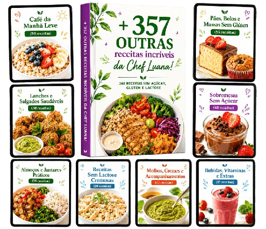 Mosaico com prévia das 357 receitas extras da Receitas da Chef